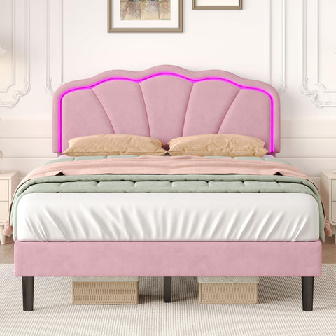 ModernLuxe 4ft6 Double Upholstered Bed with LED Adjustable Shell Shape Headboard, Soft Velvet Bed Frame with Solid Wood Slats, No Box Spring Needed