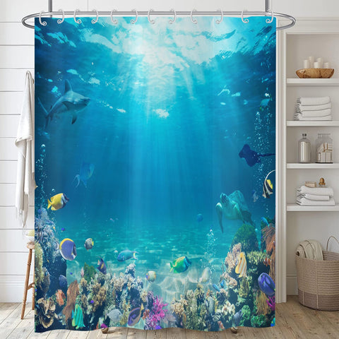 ASDCXZ Sea Floor Shower Curtain 180x200 cm, Blue Deep Sea Ocean Colorful Underwater World Shark Turtle Fish Washable Shower Curtains Polyester