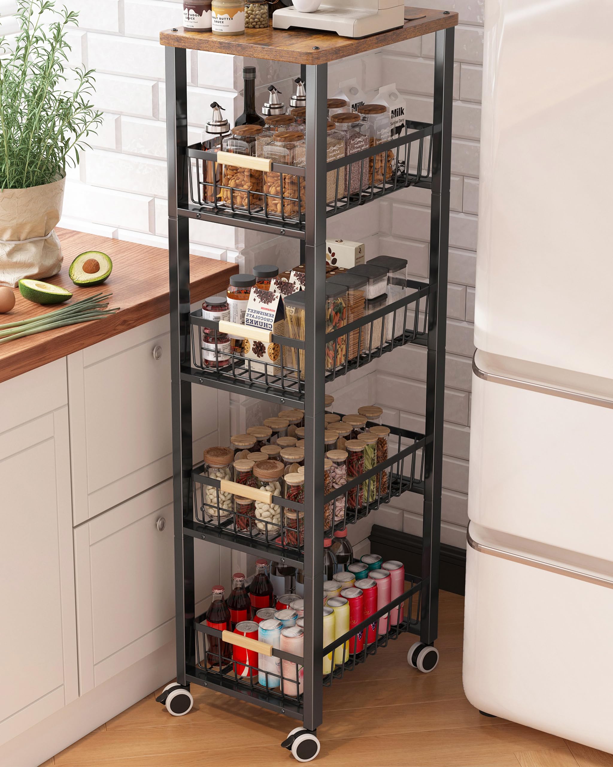 Ornestia 5-tier Vegetable Rack with Wooden Top for Kitchen Storage（Black