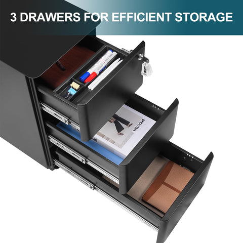 LVSTEEL Lockable 3-Drawer Metal Filing Cabinet on Wheels, Fully Assembled Mobile Office Storage, Filing Cabinets for Home Office, Fits Under Desk