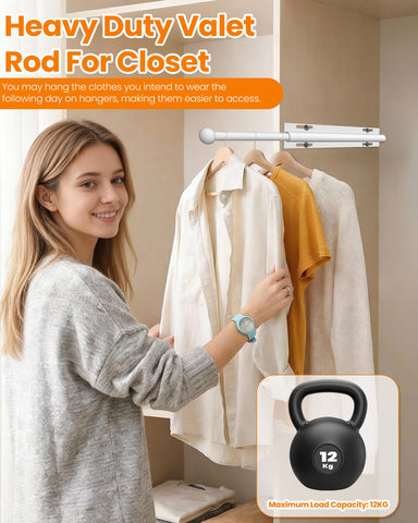 Widyana Telescopic Wardrobe Rail | Extendable Valet Rod for Clothes (12”) | Adjustable Pull-Out Hanging Rail for Suits & Next-Day Outfits, White