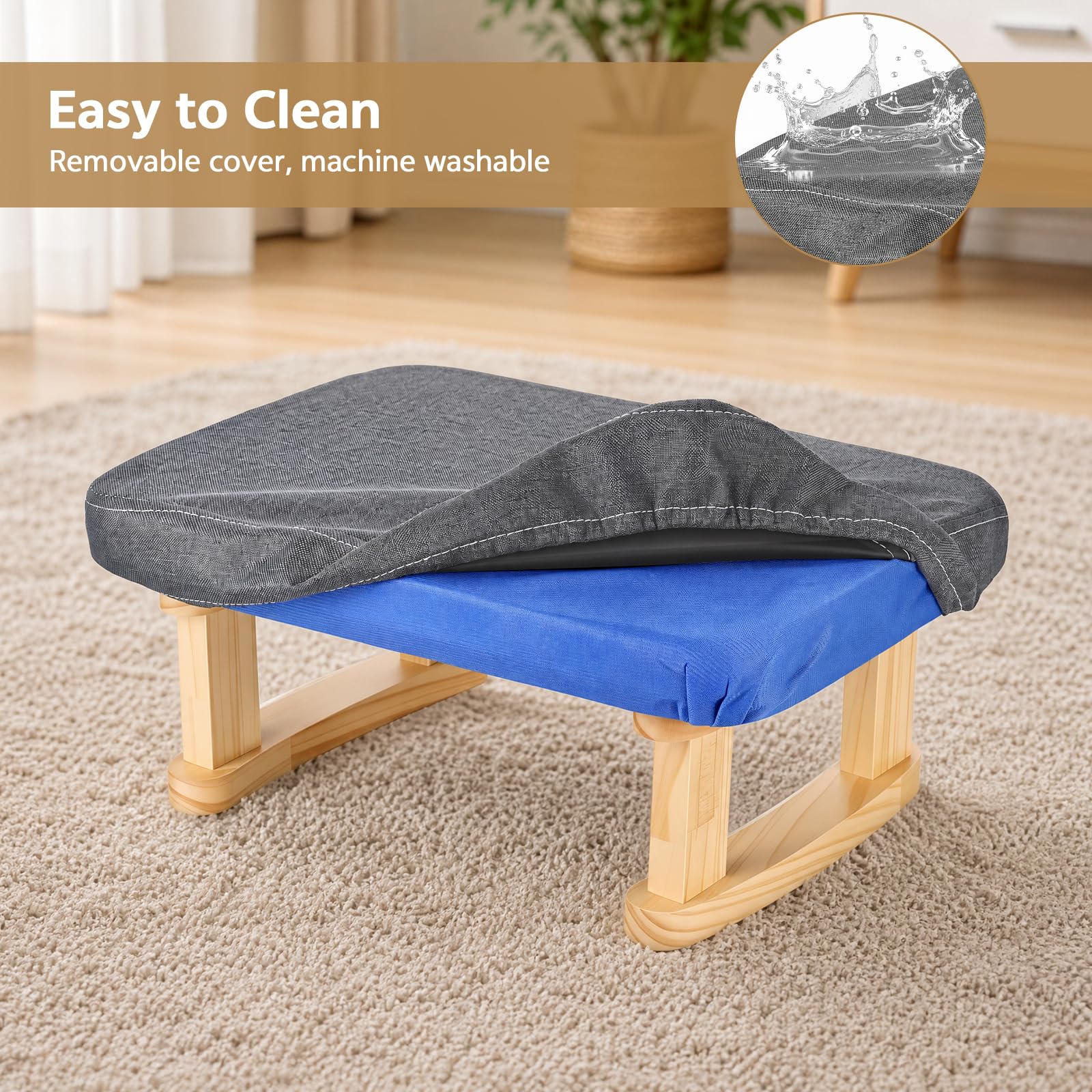 Seivunol Small Footstool, Lightweight Pouffe Footstool with Stable Wooden Legs and Removable Soft Cushion Cover