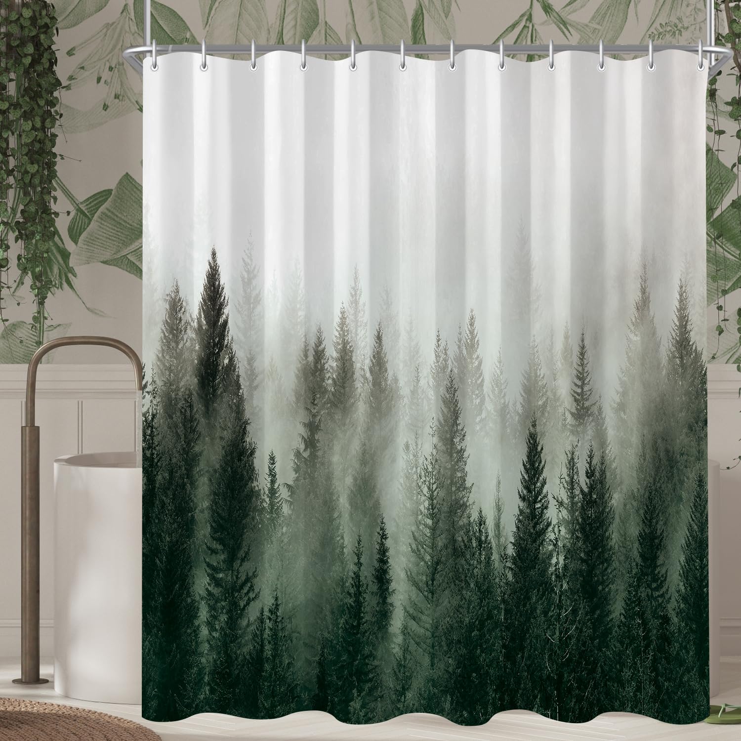 Lerores Shower Curtain, 180 x 200 cm, Green, Weighted Hem, Anti-Mould, Water-Repellent