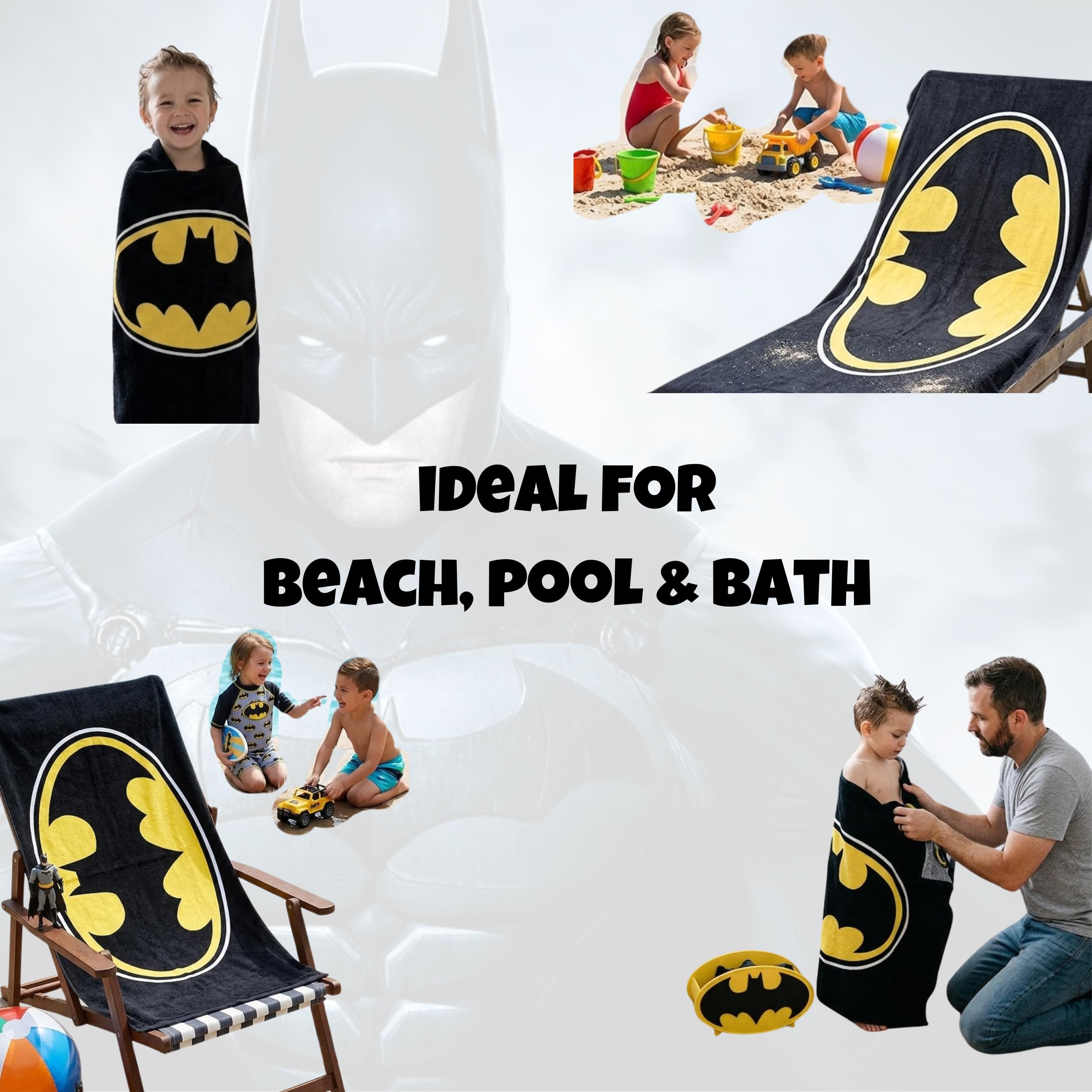 BrandMac Batman Beach and Bath Towel – 100% Cotton, Soft and Absorbent Large Towel 70x140 cm, Ideal for Kids and Adults, Machine Washable