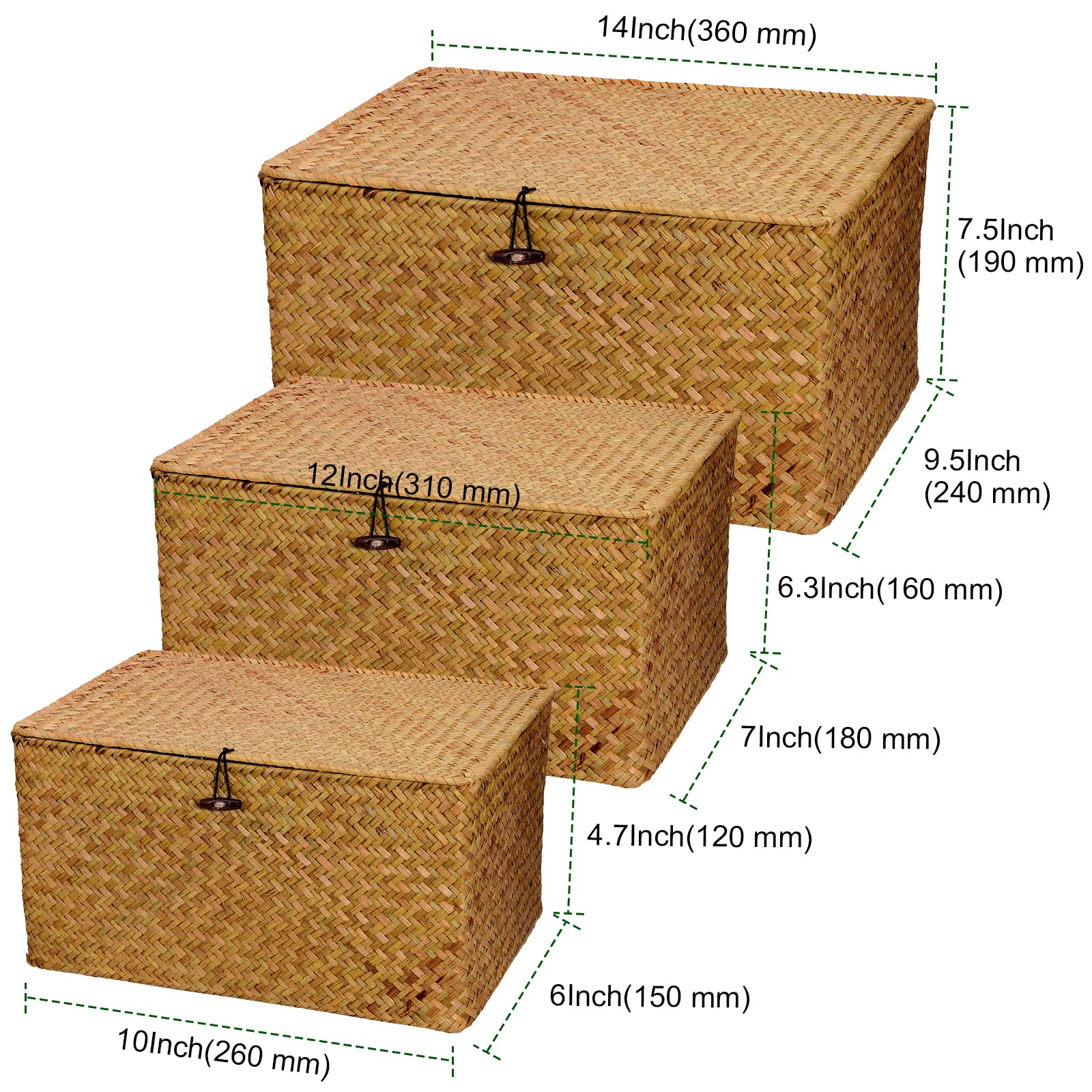 Set of 3 Seagrass Rattan Boxes with Lid, Rectangular Woven Storage Hamper