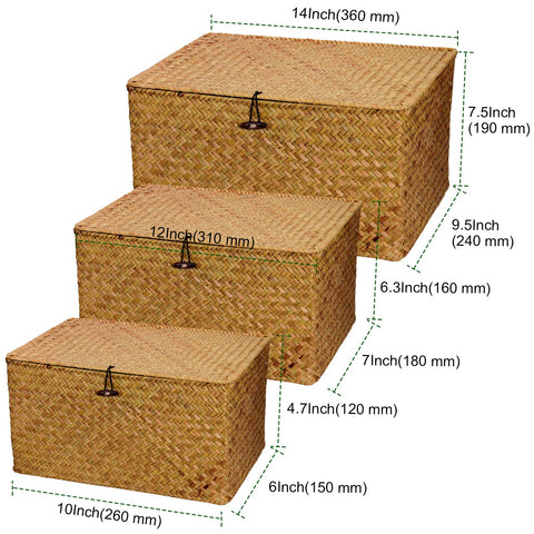 Set of 3 Seagrass Rattan Boxes with Lid, Rectangular Woven Storage Hamper
