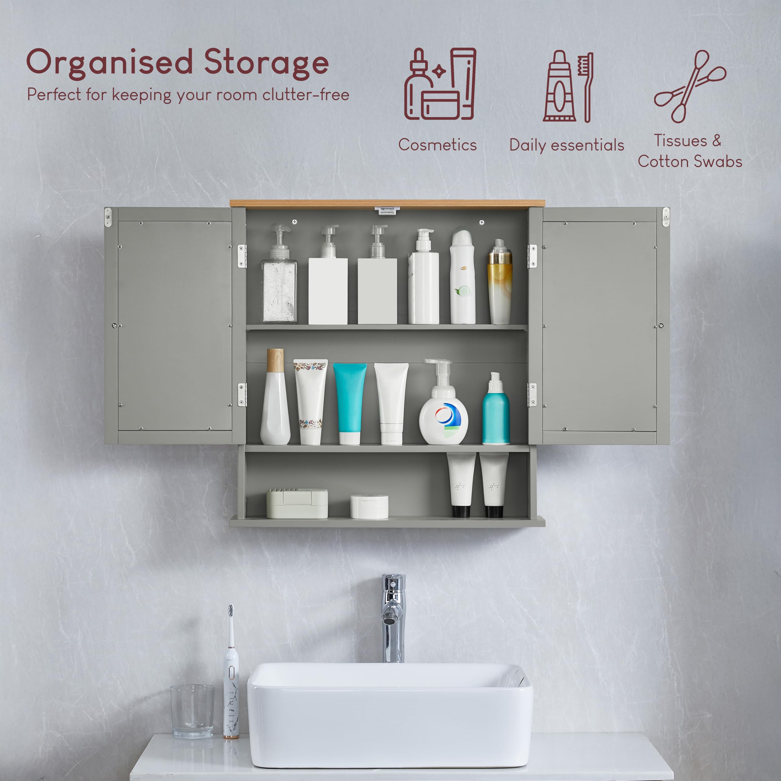 Bath Vida Priano 2 Door Mirrored Wall Cabinet with Shelf | Grey & Oak | 58 H x 56 W x 13 D cm | Easy Assembly | Space-Saving | Round Handles
