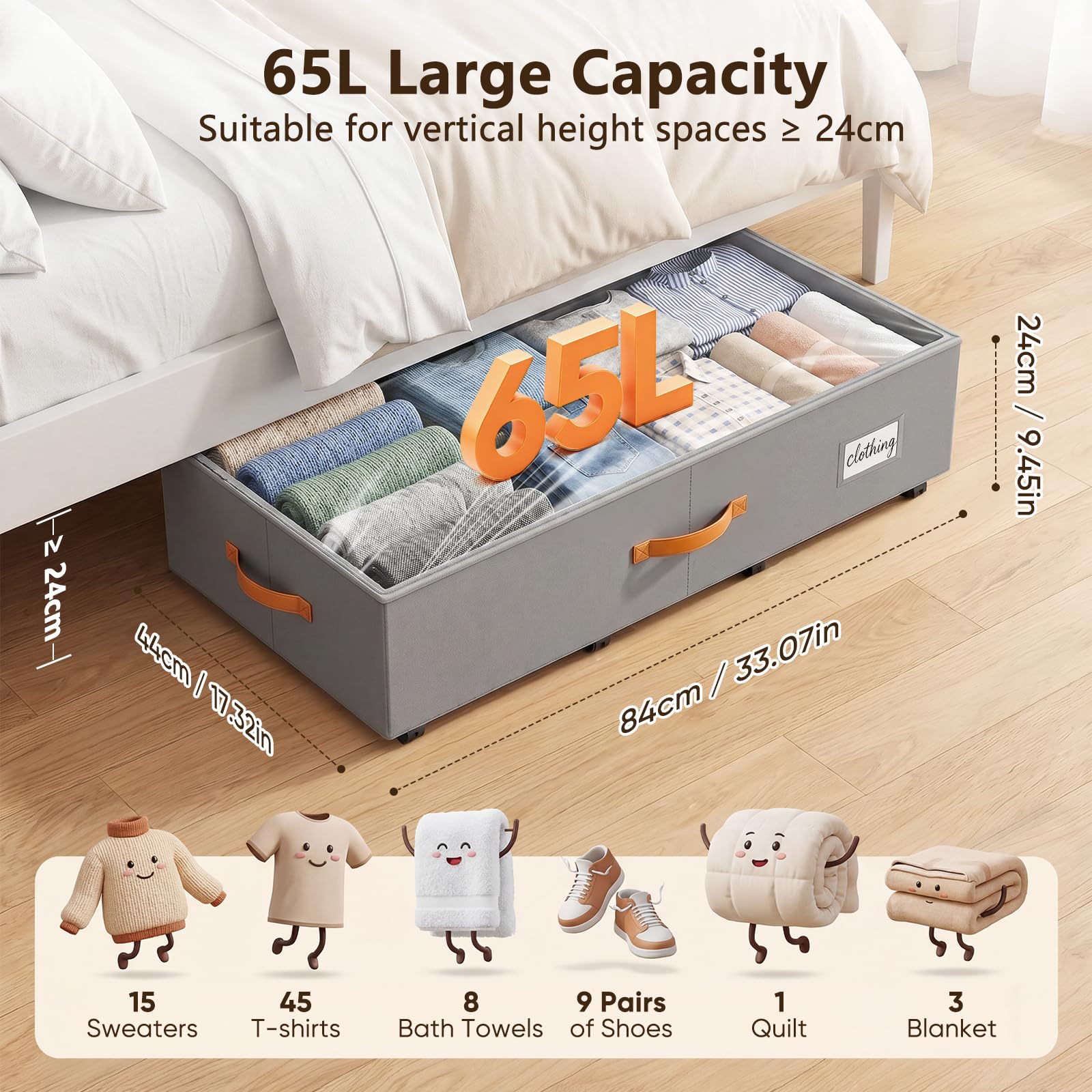 2 Pack 65L Under Bed Storage Box with Lid & Wheels,84cm Long Rolling Underbed Storage Bins,Heavy Duty Foldable Under Bed Storage on Wheels with