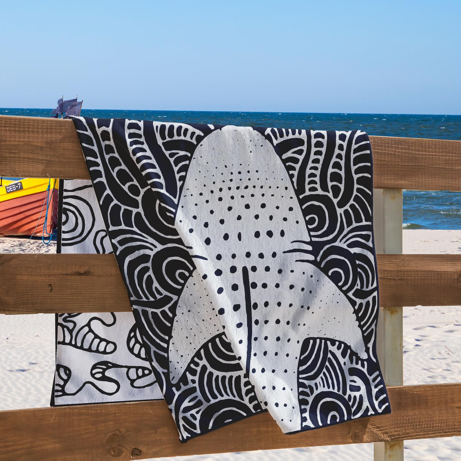RESTILO Beach Towel Large 90 x 180 cm Cotton Terry Velour Bath Towel Dark Blue Navy Blue White Shark Shark