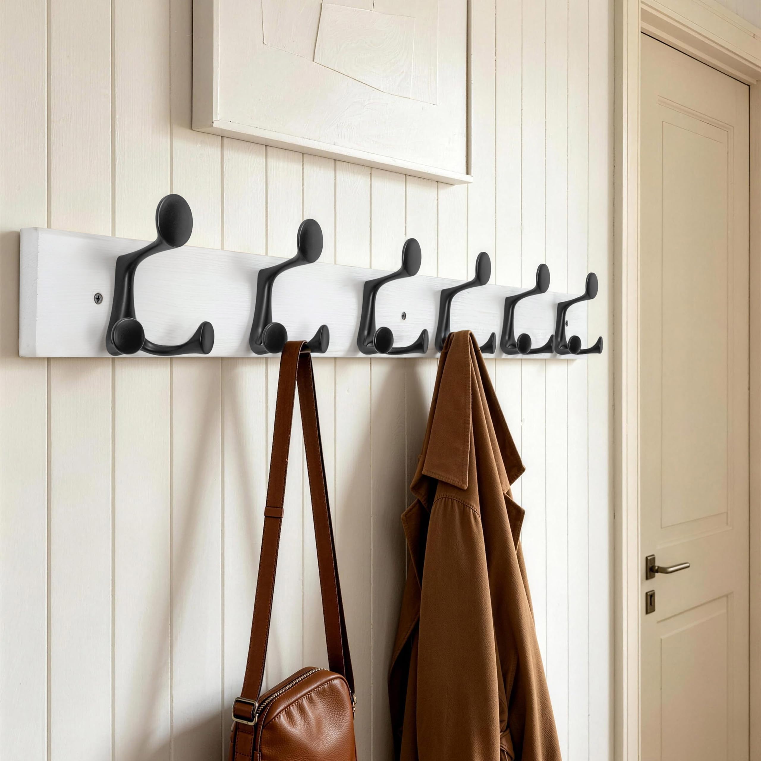 HONSKY Wall Mounted Coat Rack, 91cm White Pine Wood Base, 6 Black Sturdy Aluminium Alloy Triple Hooks(18 Hanging Points)