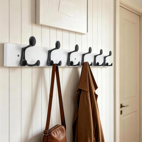 HONSKY Wall Mounted Coat Rack, 91cm White Pine Wood Base, 6 Black Sturdy Aluminium Alloy Triple Hooks(18 Hanging Points)