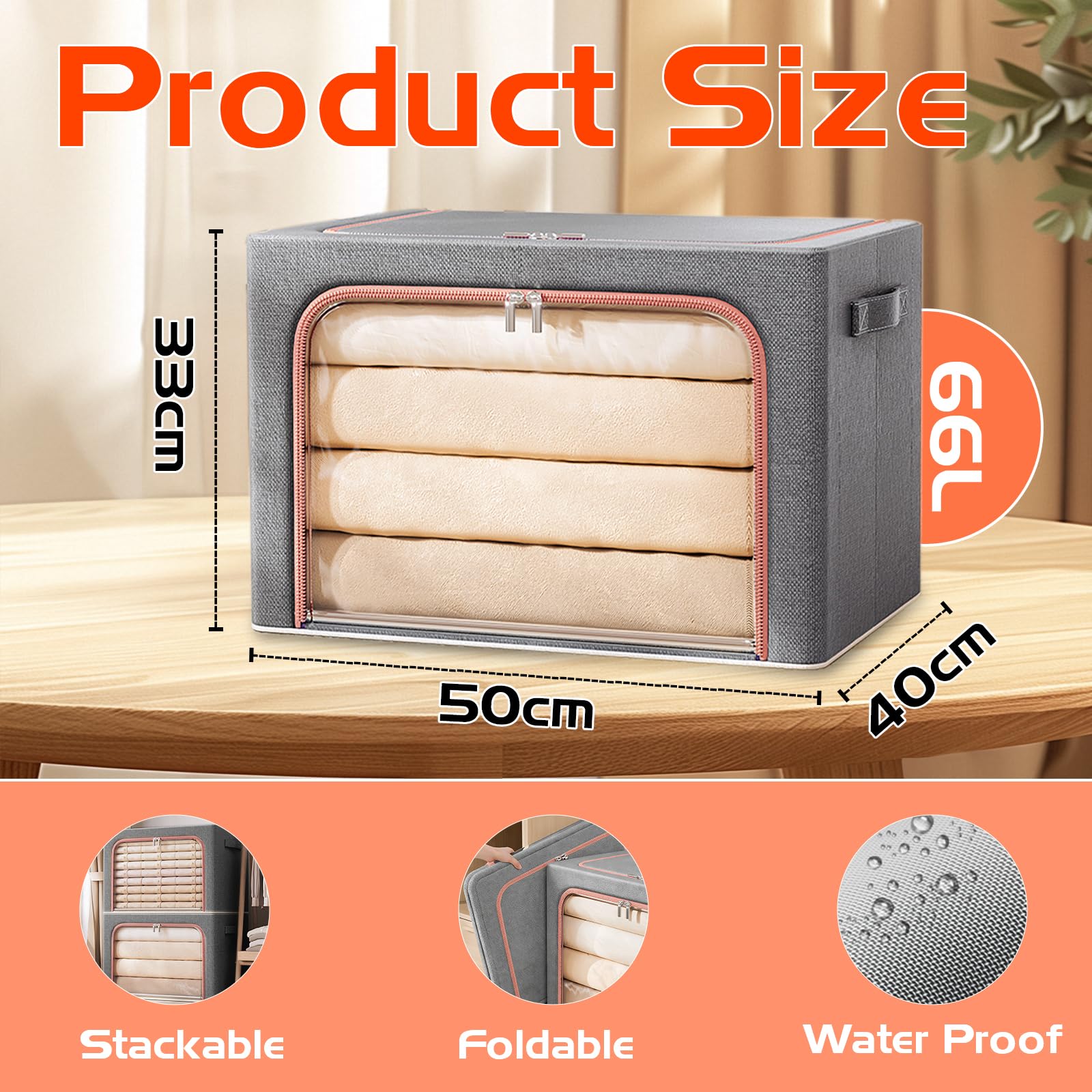 Resszo Large Clothes Storage Bag, 66L Foldable Oxford Cloth Steel Frame Box With Double Opening Zip And Clear Window, Sided Zip Top Lid