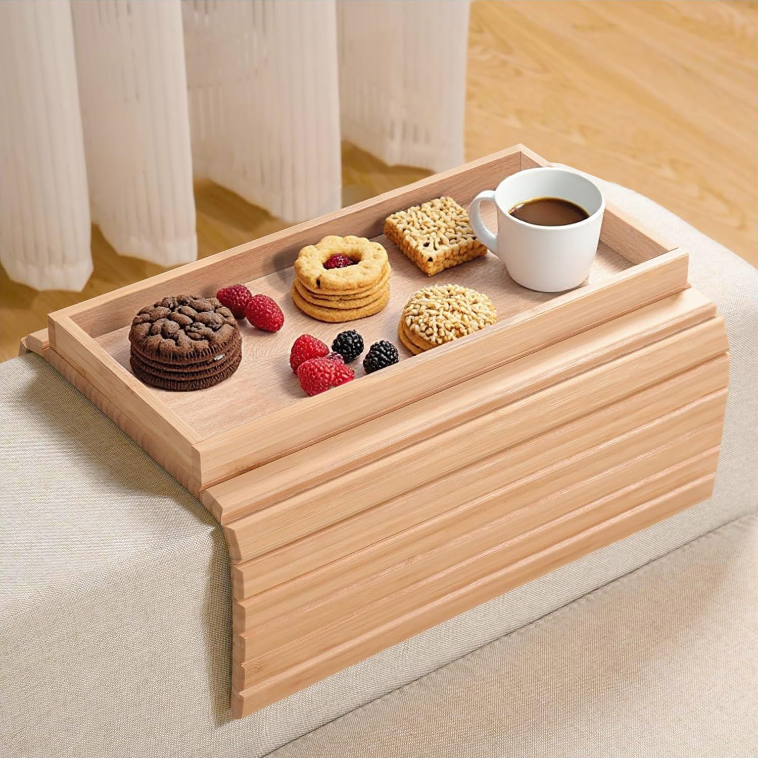 Lighterday Sofa Arm Tray,Foldable Bamboo Table Couch ArmchairTray,Anti-Slip Sofa Side Table Armchair Tray for Snacks Phone Drinks Cup