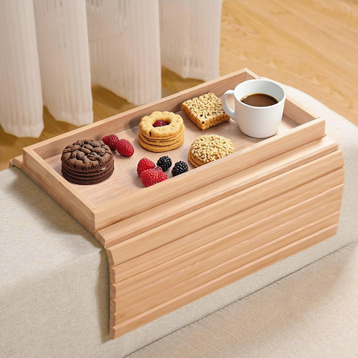 Lighterday Sofa Arm Tray,Foldable Bamboo Table Couch ArmchairTray,Anti-Slip Sofa Side Table Armchair Tray for Snacks Phone Drinks Cup