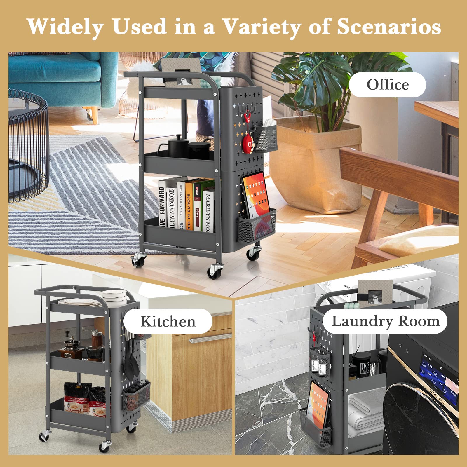 GiantexUK 3-Tier Storage Cart on Wheels, Metal Serving Trolley (Grey)