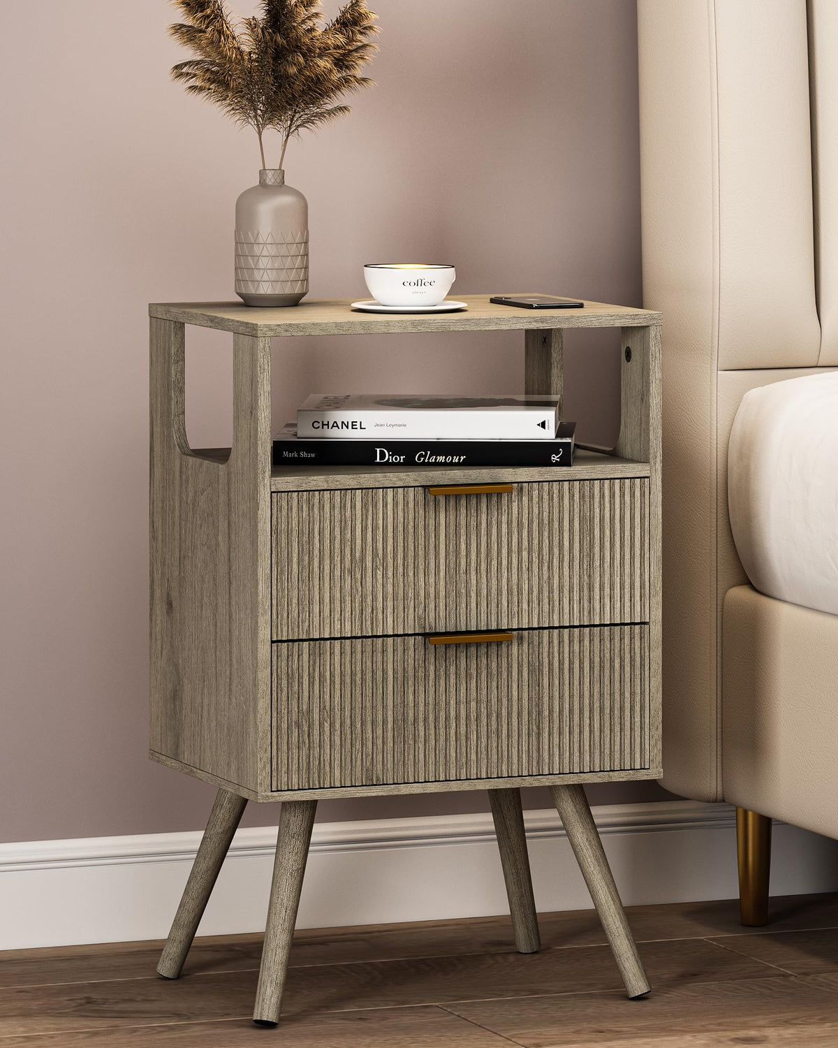JERX Wooden Bedside Table, Nightstand with 2 Storage Drawer and Open Shelf Modern Bedside Cabinet for Bedroom,Grey Oak