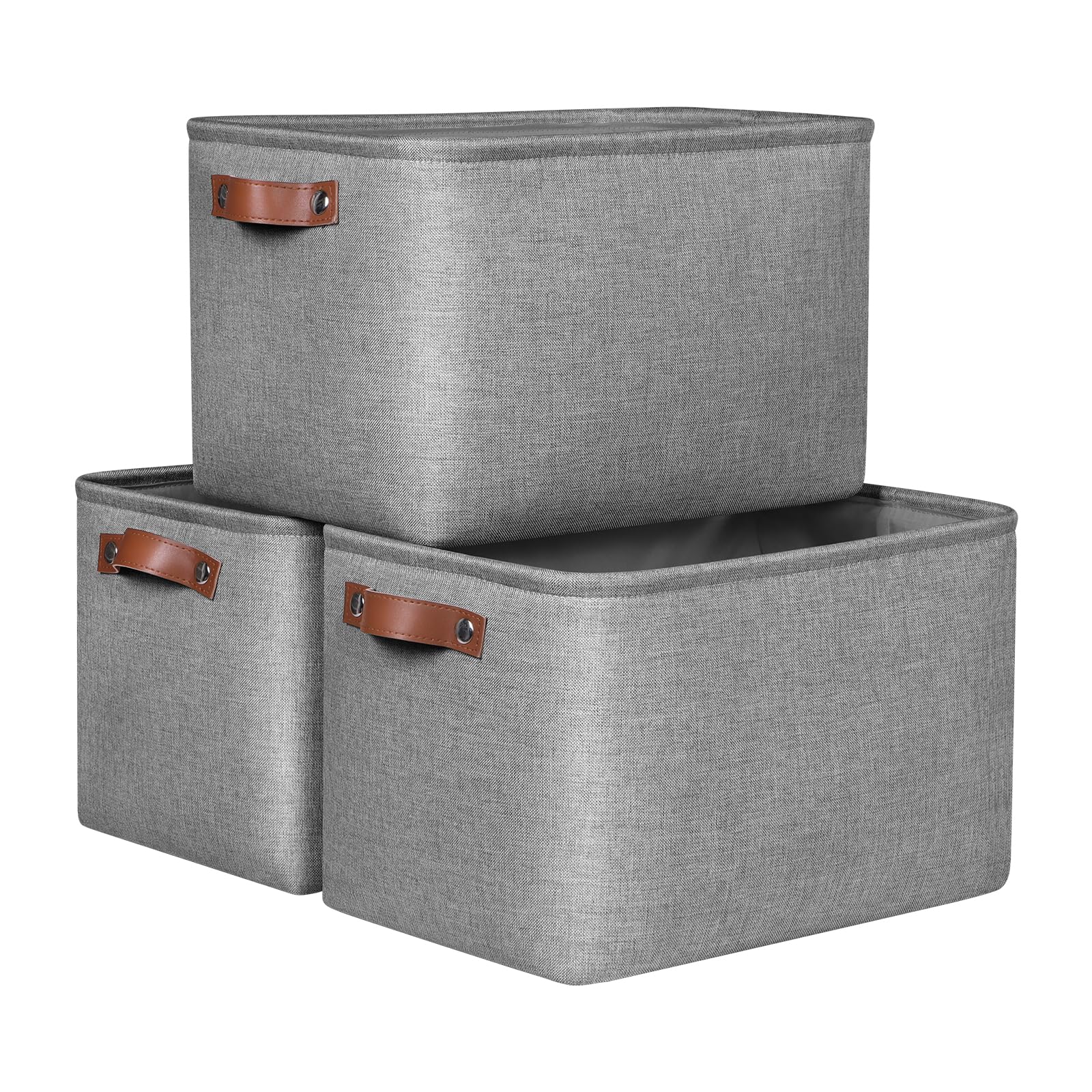 Syeeiex Large Storage Baskets for Shelves with Leather Handle, Foldable 3 Pack Fabric Stoarge baskets for Organizing Home, Toys, Office, Clothes, Grey