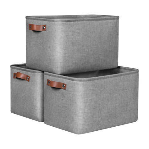 Syeeiex Large Storage Baskets for Shelves with Leather Handle, Foldable 3 Pack Fabric Stoarge baskets for Organizing Home, Toys, Office, Clothes, Grey