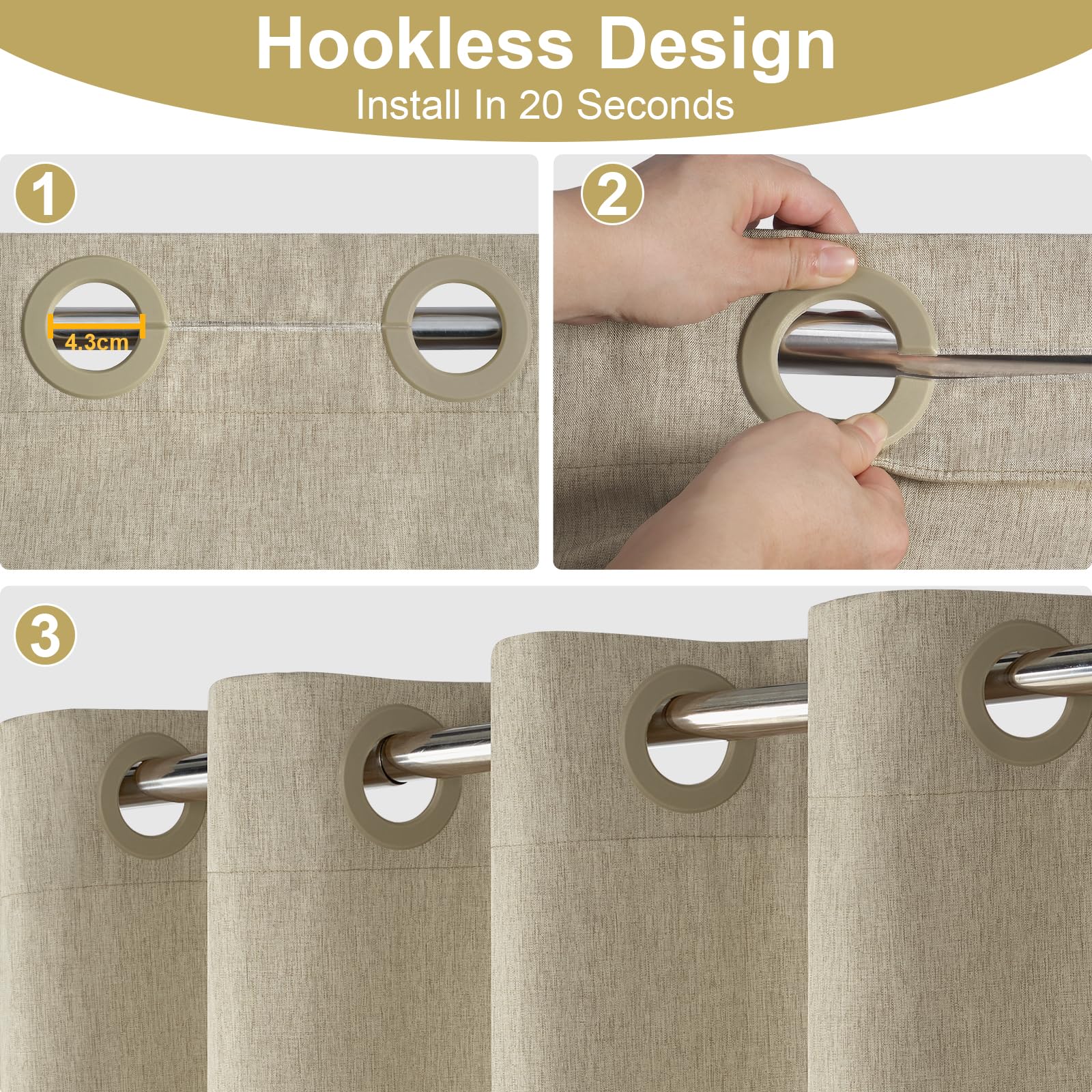 Hotel Style No Hook Rustic Linen Shower Curtain for Bathroom 230GSM Thick Fabric Texture Shower Curtains, Enhanced Waterproof, Weighted Hem