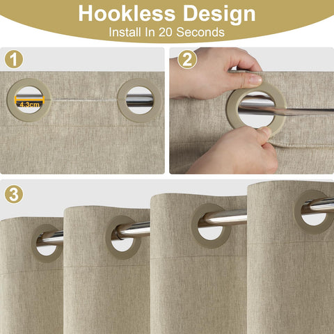 Hotel Style No Hook Rustic Linen Shower Curtain for Bathroom 230GSM Thick Fabric Texture Shower Curtains, Enhanced Waterproof, Weighted Hem