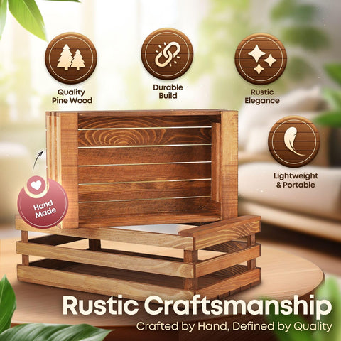 Flexzion Wooden Crate Box with Handles, 2 Pack Natural Brown Wood Crates for Storage and Display, Large & Medium Nesting Crates for Home, Kitchen