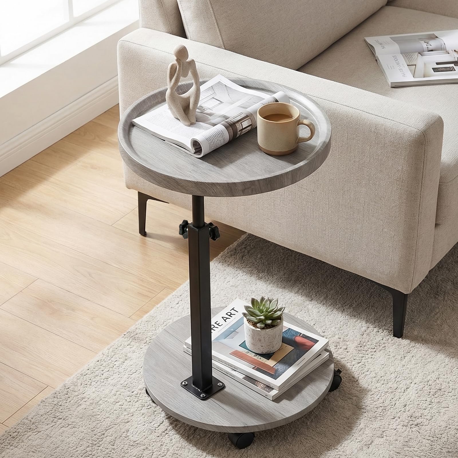 YYW C Shaped End Table Adjustable Height, Couch Tables That Slide Under for Small Spaces, 360°Swivel TV Tray Table