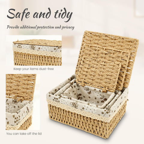 3Pcs Wicker Storage Basket with Lids Decorative Storage Boxes Handmade Wicker Hamper Box for Shelves Reusable Space-Saving Paper Rope Basket Bedroom