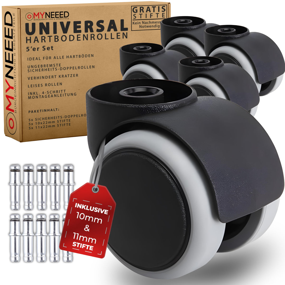 Hard Floor Castor Wheels 10 mm / 11 mm for All Office Chair Brands - Durable Hard Floor Castors without Pin for Laminate Parquet Tiles