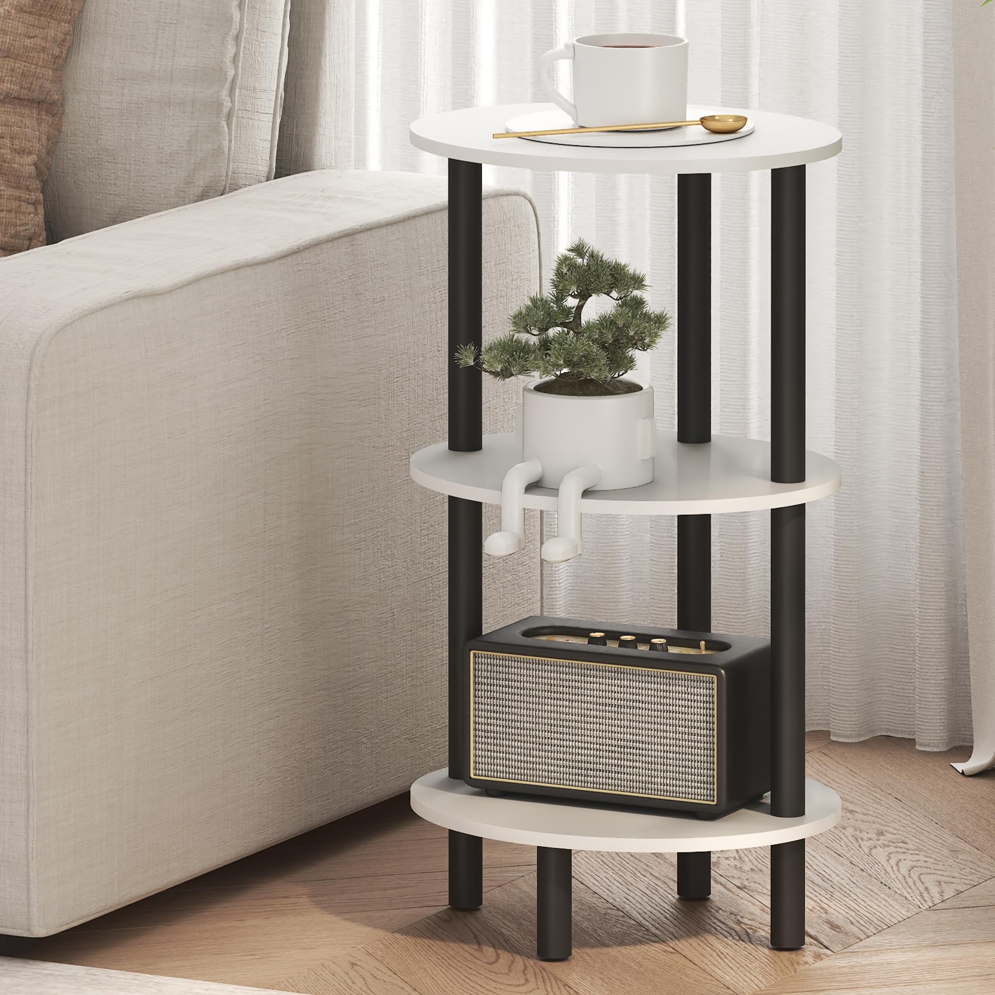 Furinno TURN-N-TUBE Side Table, 3-Tier Oval End Table, Night Stand, Bedside Table, for Living Room, Bedroom, White/Black
