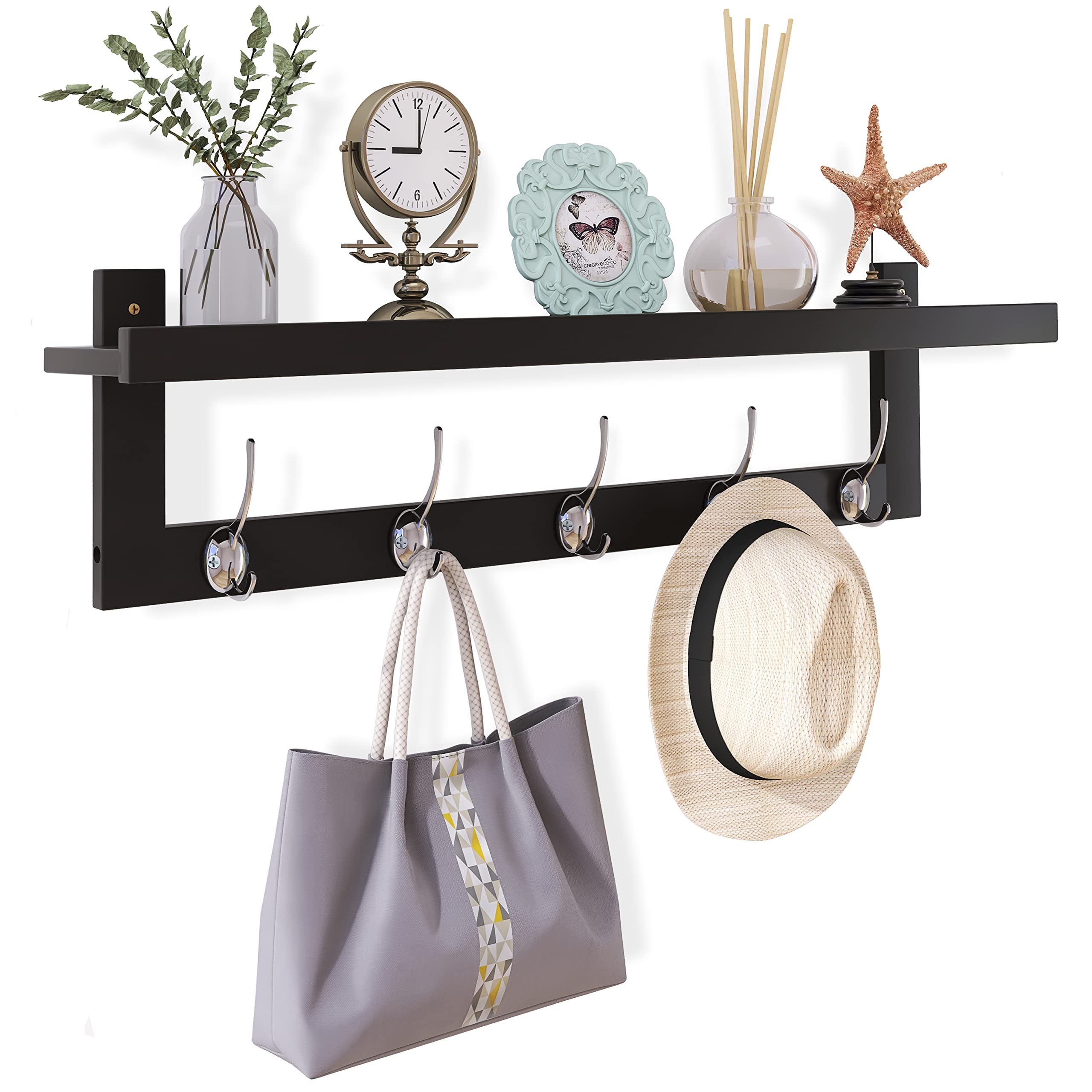 SMIBUY Coat Hooks with Shelf Wall-Mounted, 74 cm Entryway Coat Rack for Wall, Bamboo Hanging Shelf with 5 Double Metal Hooks for Bathroom, Bedroom