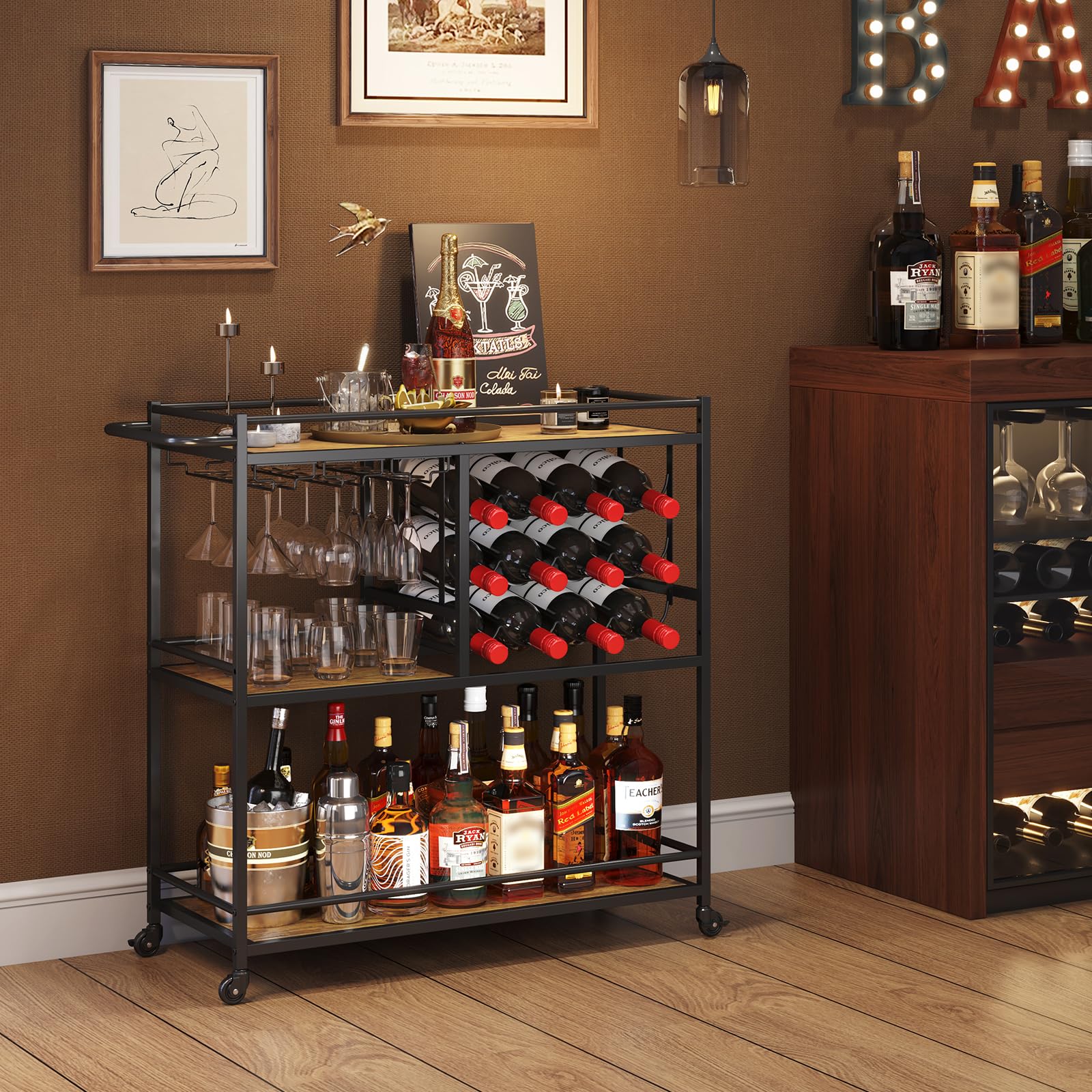 Lifewit 3 Tier Drinks Trolley with Lockable Wheels,Rustic Brown