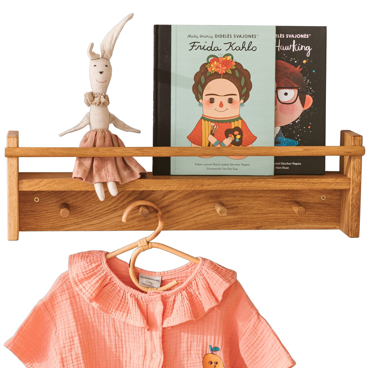 MINICAMP Solid Oak Coat Hooks Wall Mounted - Floating Kids Bookshelf - Coat Rack with Shelf and 4 Pegs - Wooden Children Clothes Rail