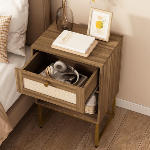 JERX Rattan Bedside Table, Farmhouse Wood Nightstand with Storage Drawer and Open Shelf Small Bedside Cabinet for Bedroom,Living Room,Office Walnut