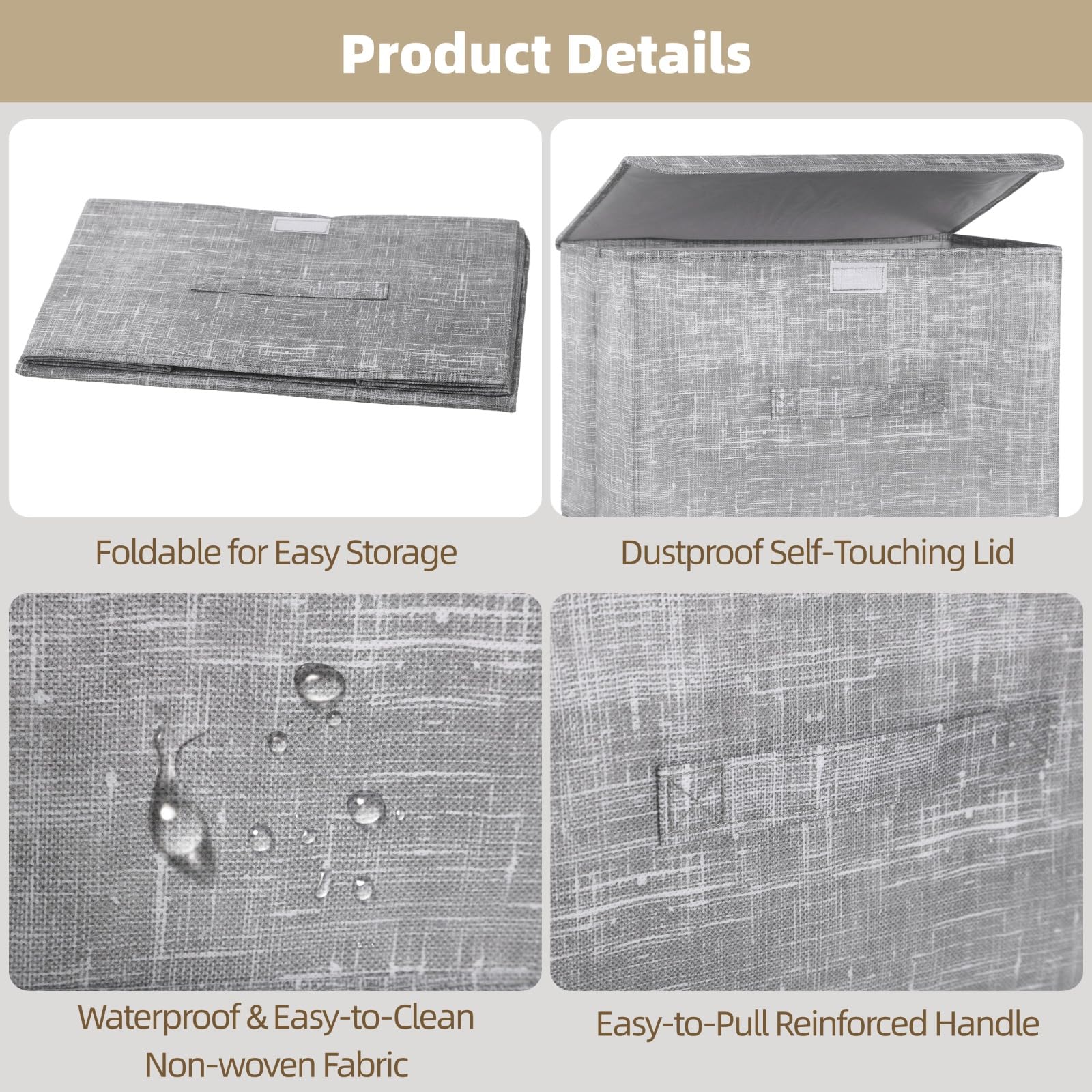 3 Pcs Non-woven Fabric Storage Boxes with Touch Fastener Lids and Handles, 15 x 9.8 x 9.8 in Gray Collapsible Wardrobe Organizers