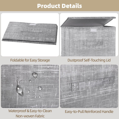 3 Pcs Non-woven Fabric Storage Boxes with Touch Fastener Lids and Handles, 15 x 9.8 x 9.8 in Gray Collapsible Wardrobe Organizers