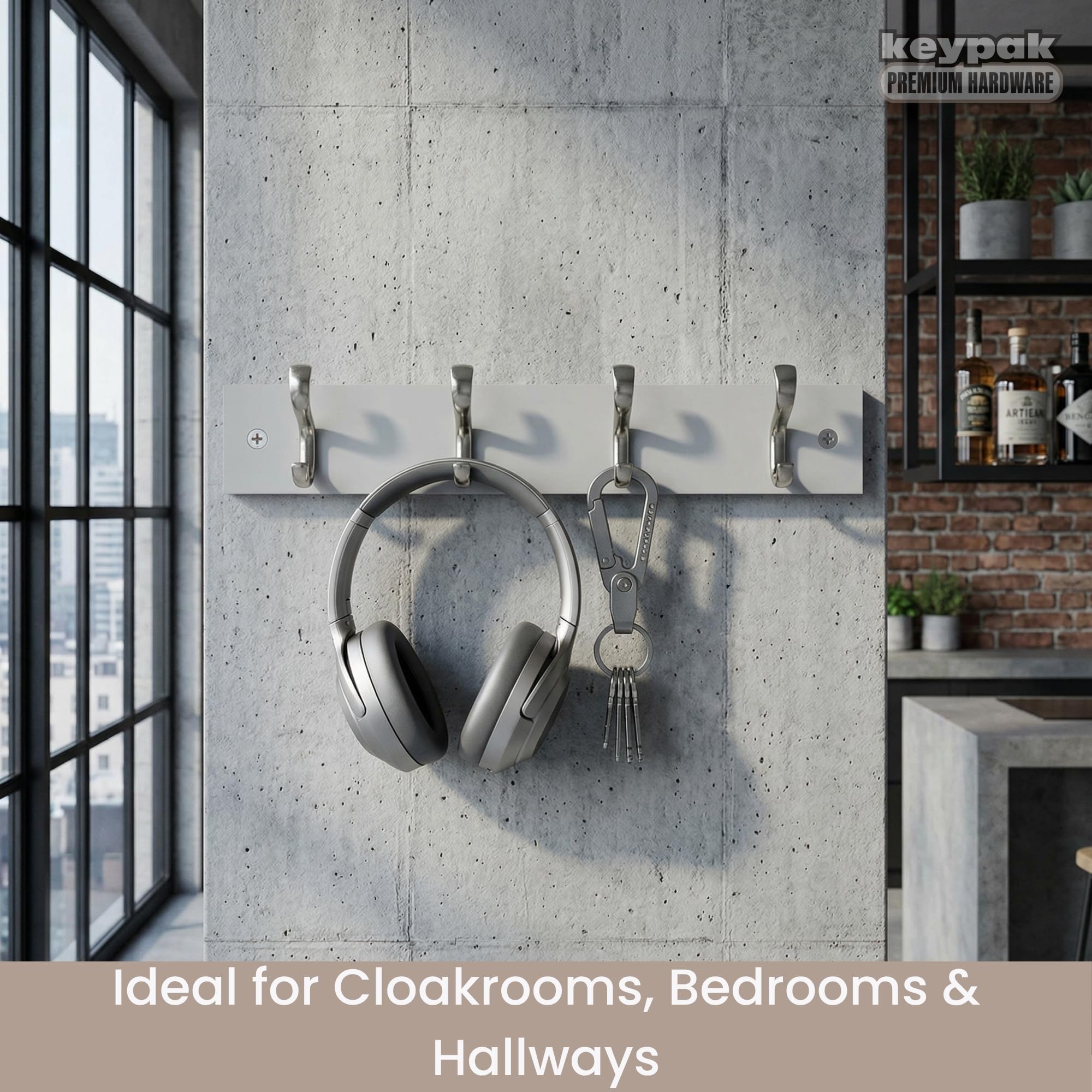 keypak Wall-Mounted Coat Rack – 4 Nickel Hooks on Stylish 38cm Grey Wood