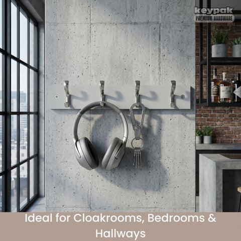 keypak Wall-Mounted Coat Rack – 4 Nickel Hooks on Stylish 38cm Grey Wood