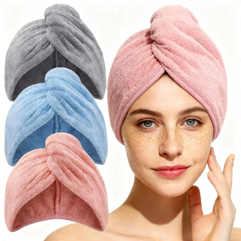 Derkiua 3 Pack Super Absorbent Microfiber Hair Towel Wrap, Quick Dry Twist Turban with Button Closure, Fast Drying Hair Cap for Shower