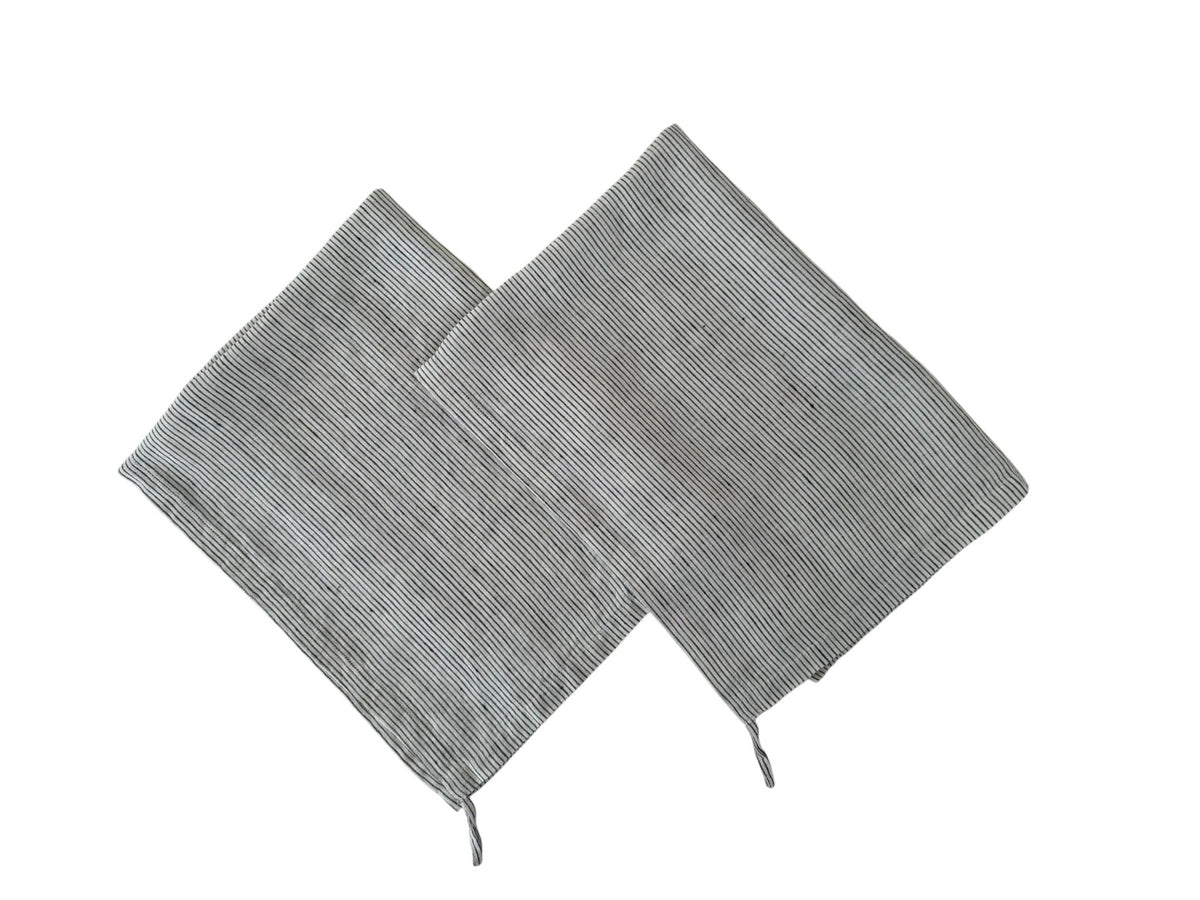 Eight Owls Stonewashed Linen Kitchen Dish Towels – 50 x 68 cm – 100% Pure Linen Tea Towel/Hand Towel - set of 2 (Black Pinstripe)