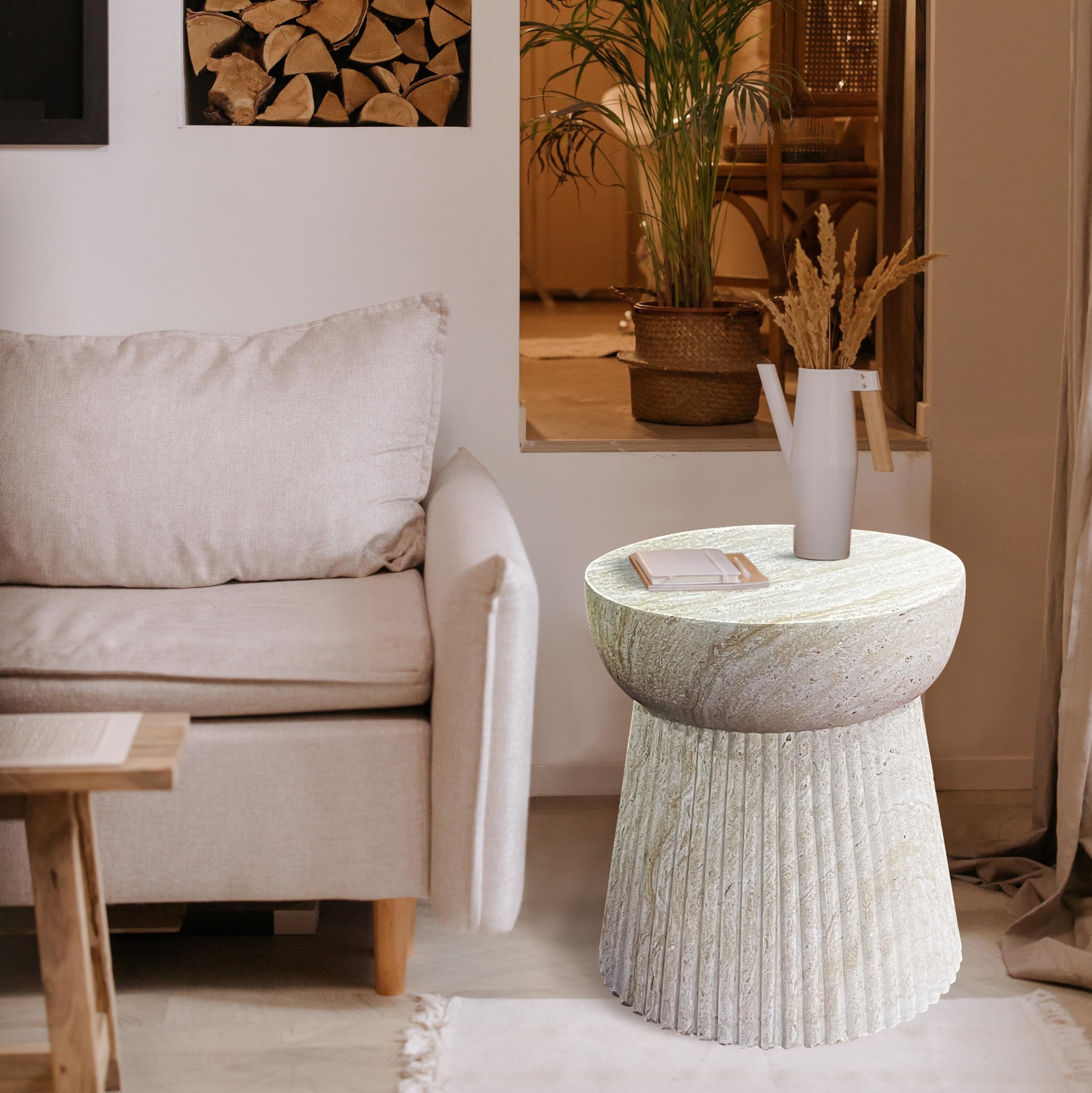 Nouvage Design Fibrestone Table 37cm Diameter Fluted Premium Side Table and Coffee Table Natural Light Stone Colour