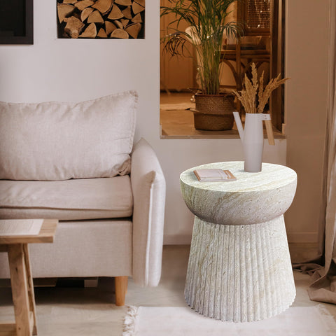 Nouvage Design Fibrestone Table 37cm Diameter Fluted Premium Side Table and Coffee Table Natural Light Stone Colour