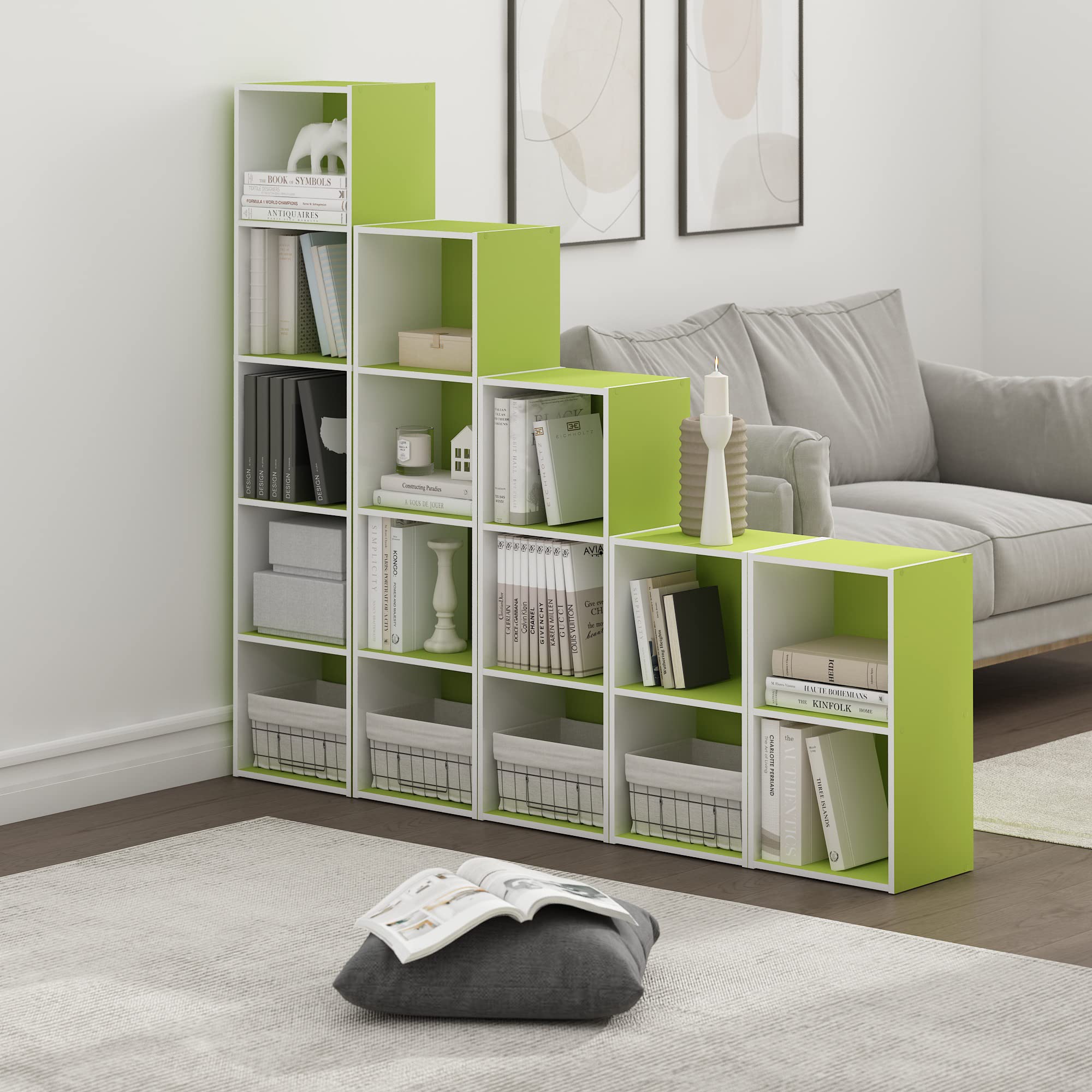 Furinno PASIR Book Shelf, 2-Tier Modern Bookshelf, Open Shelves Bookcase 9 x 12 x 21, for Living Room, Bedroom, Home Office, Green/White