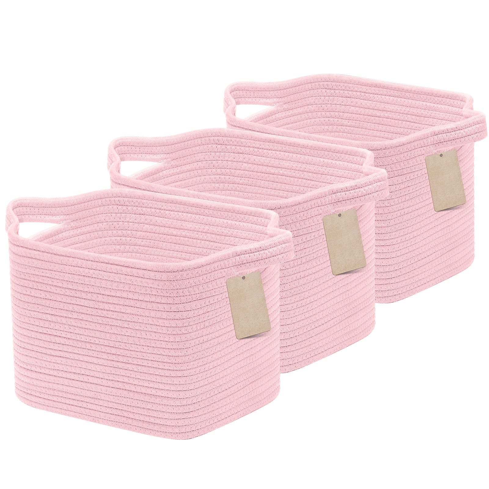 JOJOSEE Small Cotton Woven Storage Basket for Shelves, Pink, 3PCS