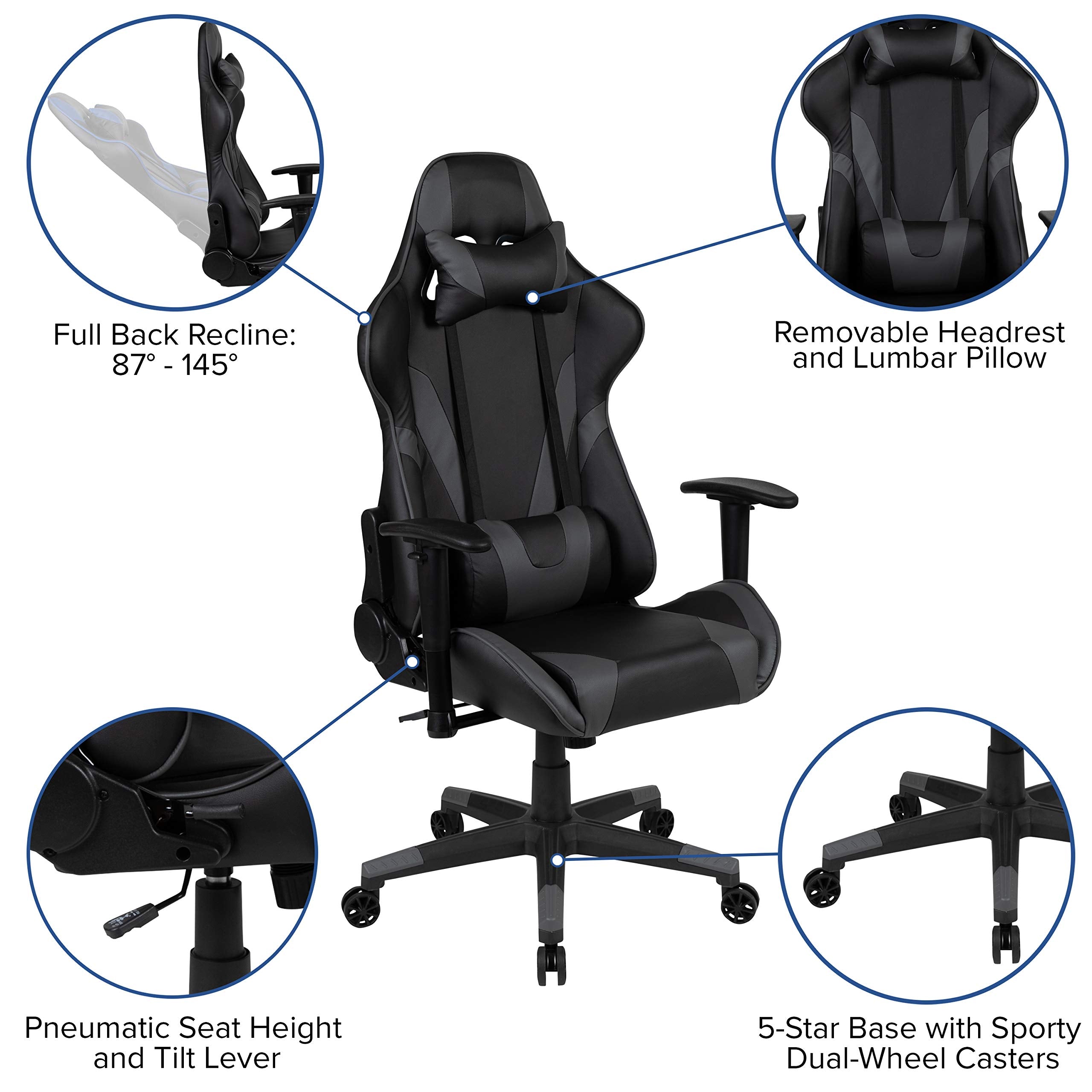 Flash Furniture X20 Gaming Chair Racing Office Ergonomic Computer PC Adjustable Swivel Chair with Fully Reclining Back in Gray LeatherSoft