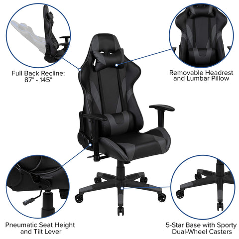 Flash Furniture X20 Gaming Chair Racing Office Ergonomic Computer PC Adjustable Swivel Chair with Fully Reclining Back in Gray LeatherSoft