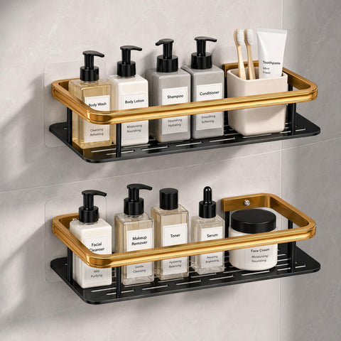 Shower Caddy 2 Pack, Black Gold Aluminium Storage Shelf, Wall Organiser