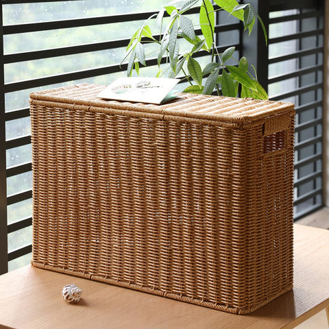 HGZLQKD Narrow and Tall Storage Box, Woven Magazine Holder with Lid Portable Narrow Basket Bin, Narrow File Holder for Bathroom, L