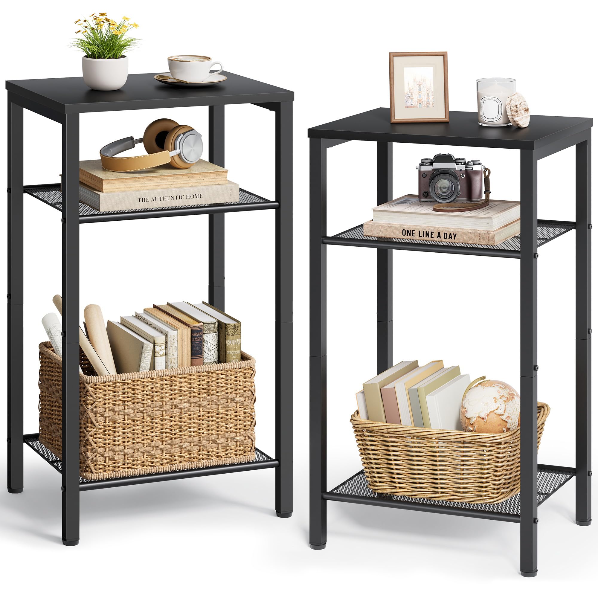 Hoctieon 2-Set 3 Tier End Table, Telephone Table Set of 2, Tall Side Table with Storage Set of 2, Small Nightstand for Small Spaces, Metal Frame
