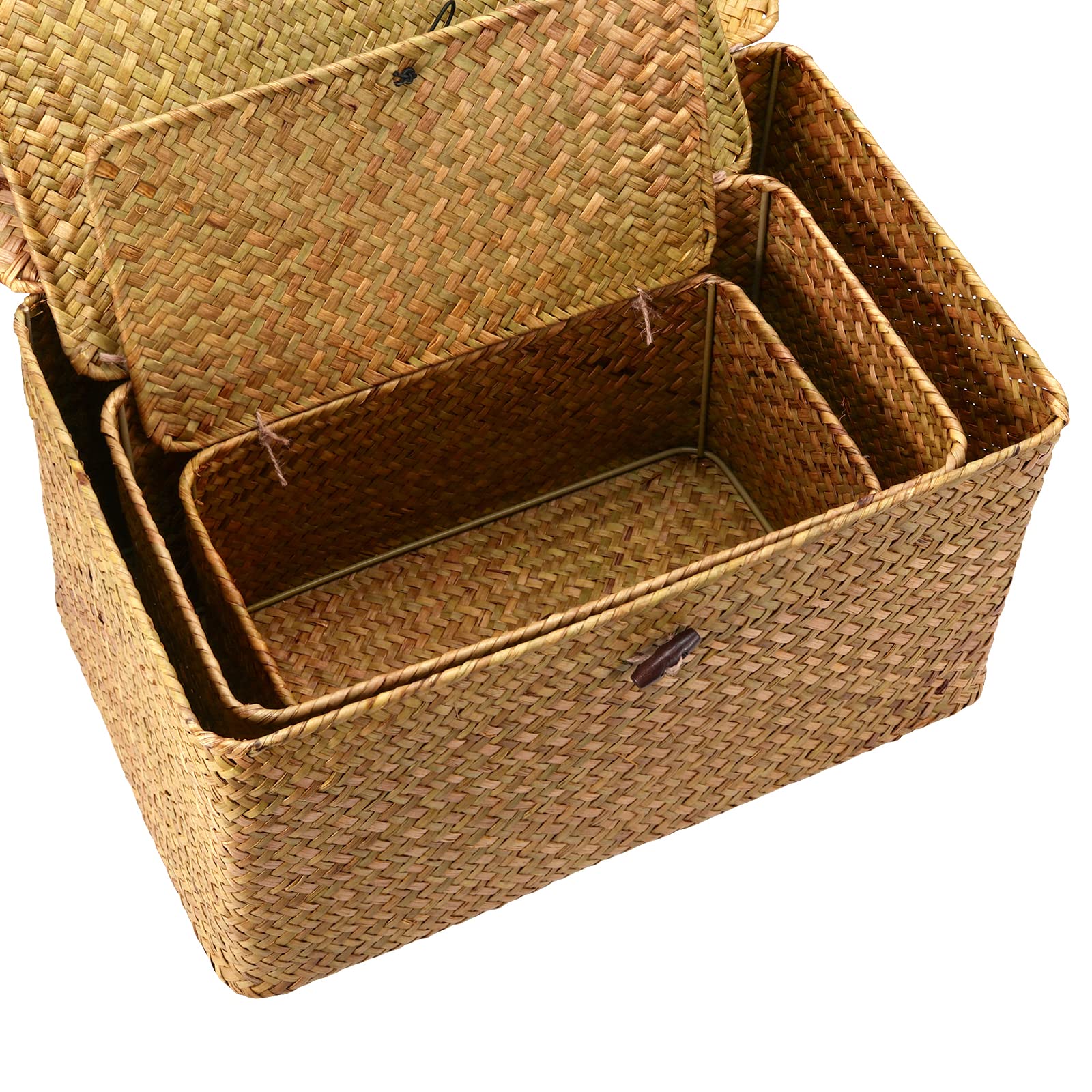 Set of 3 Seagrass Rattan Boxes with Lid, Rectangular Woven Storage Hamper