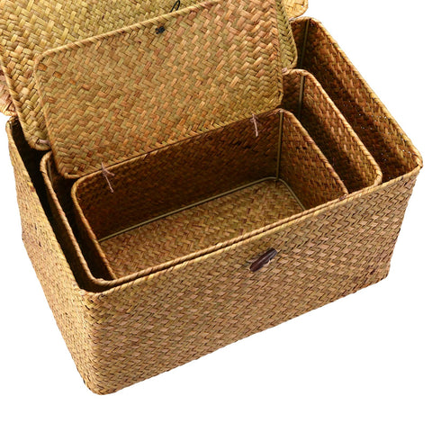 Set of 3 Seagrass Rattan Boxes with Lid, Rectangular Woven Storage Hamper